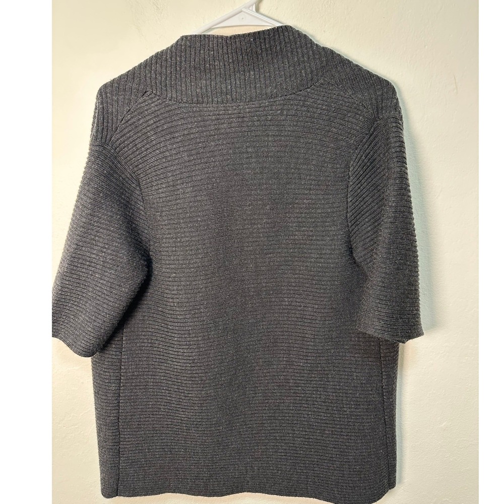 EILEEN FISHER Petite Charcoal Grey Ribbed Knit Short Sleeve Open Front Cardigan - Picture 9 of 9